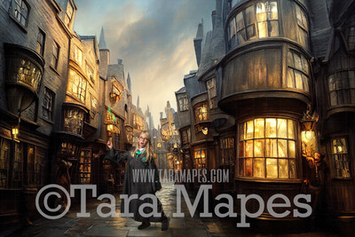 Wizard Alley Digital Backdrop - Wizard Street of Shops Magical Scene  - Castle Digital Background