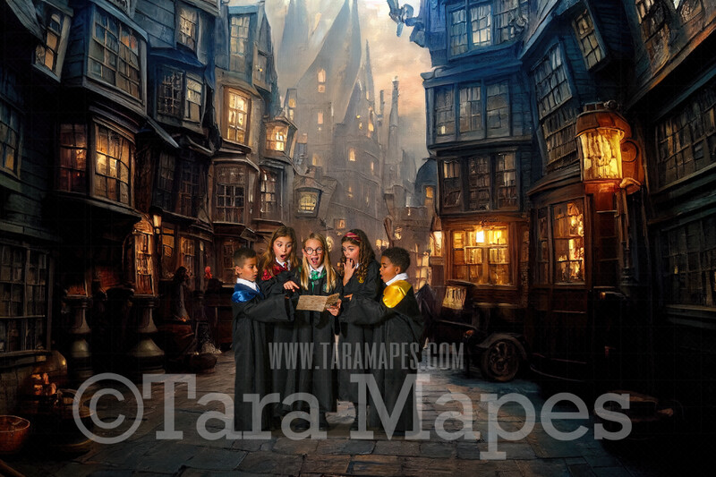 Wizard Alley Digital Backdrop - Wizard Street of Shops Magical Scene  - Castle Digital Background