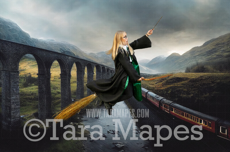 Wizard Train Digital Backdrop - Wizard Train in Valley- Magical Scene  - Wizard Digital Background