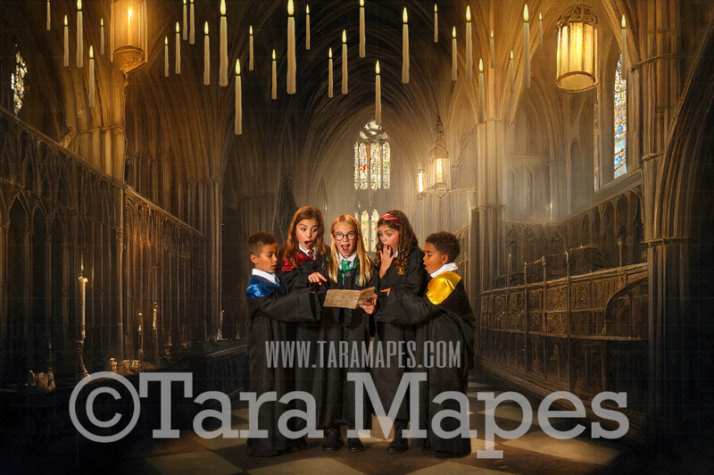 Wizard Castle Hall Digital Backdrop - Wizard Castle Hallway with Floating Candles - Magical Scene  - Wizard Digital Background