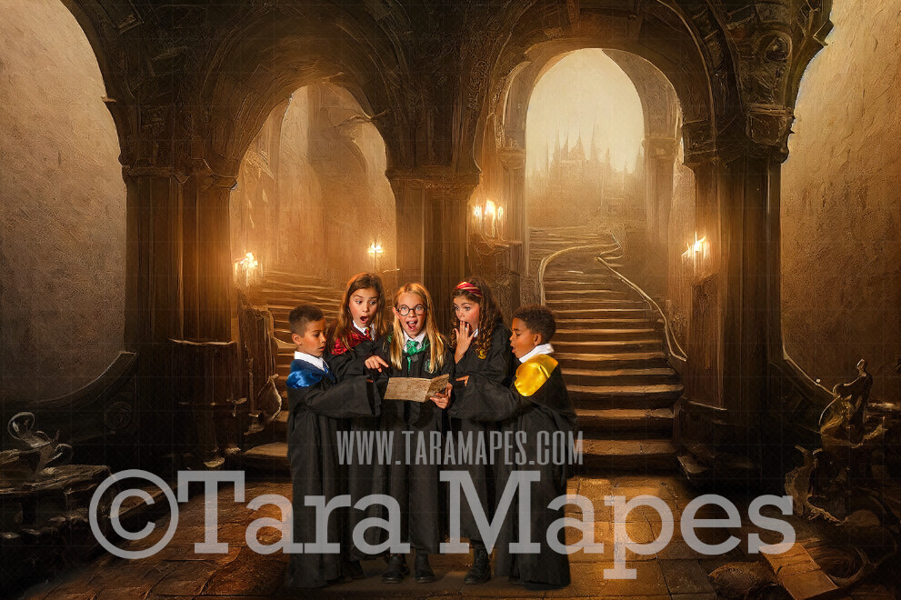 Wizard Secret Castle Stairs Digital Backdrop - Castle Stairs - Dual Staircases in Castle Digital  - Wizard Digital Background