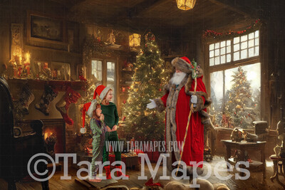 Santa Digital Backdrop - Santa in Nostalgic Scene with Fireplace and Christmas Tree - Soft Dreamy Whimsical Santa Scene  - Christmas Digital Background