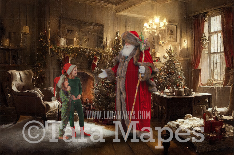 Santa Digital Backdrop - Santa in Nostalgic Scene with Fireplace and Christmas Tree - Soft Dreamy Whimsical Santa Scene  - Christmas Digital Background