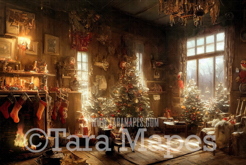 Christmas Room Digital Backdrop - Cozy Rustic Christmas Living Room Digital Backdrop -  Christmas Victorian Room  - Christmas  Digital Background