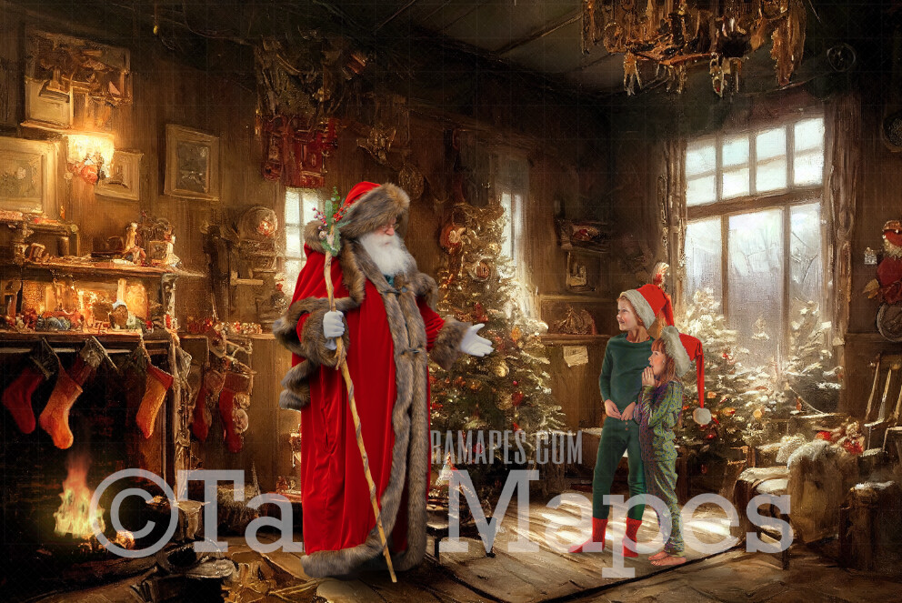 Santa Digital Backdrop - Santa in Nostalgic Scene with Fireplace and Christmas Tree - Soft Dreamy Whimsical Santa Scene  - Christmas Digital Background