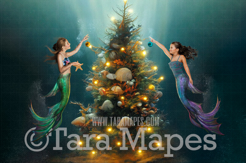 Christmas Digital Backdrop - Christmas Tree Under Water -  Mermaid Christmas Tree with Lights in Ocean Underwater - Christmas Digital Background