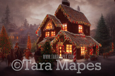 Gingerbread House Digital Backdrop - Christmas Digital Background - FREE SNOW OVERLAY included