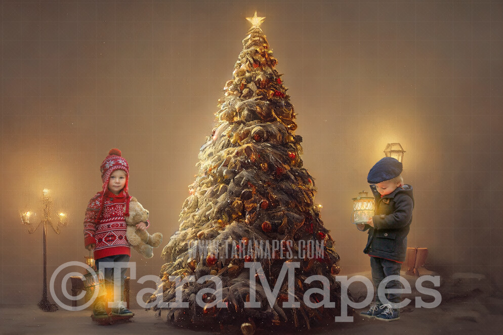 Christmas Tree Digital Backdrop - Vintage Christmas Tree - Painterly Christmas Tree at Night - Soft Nostalgic - Christmas Tree Digital Background - FREE SNOW OVERLAY included