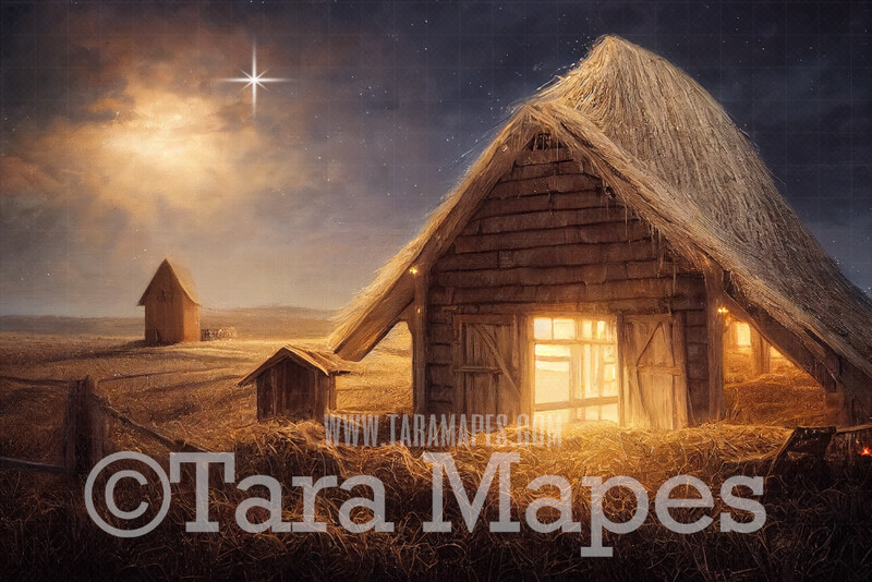 Nativity Scene Digital Backdrop - Religious Digital - Jesus - Barn - North Star - Religious Digital Background