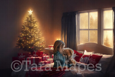 Christmas Bedroom Digital Backdrop - Painterly Christmas Bed - Christmas Room Digital Background