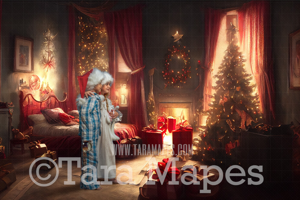 Christmas Bedroom Digital Backdrop - Painterly Christmas Bed with Christmas Tree - Warm Cozy Nostalgic - Christmas Room Digital Background