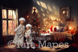 Christmas Bedroom Digital Backdrop - Painterly Christmas Bedroom with Christmas Tree - Warm Cozy Nostalgic - Christmas Room Digital Background