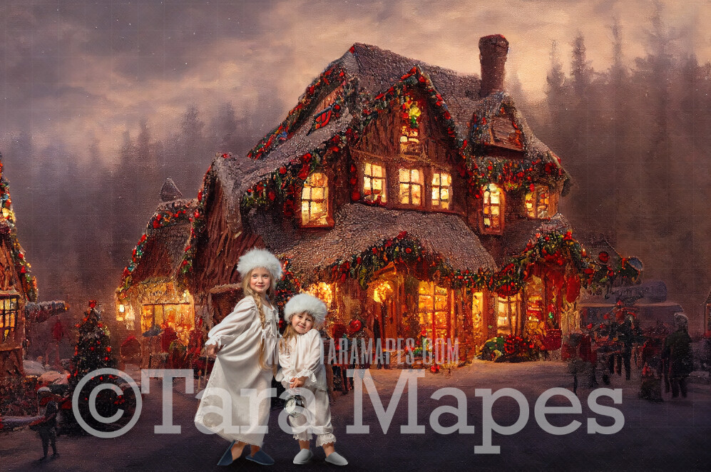 Gingerbread House Digital Backdrop - Christmas Digital Background - FREE SNOW OVERLAY included