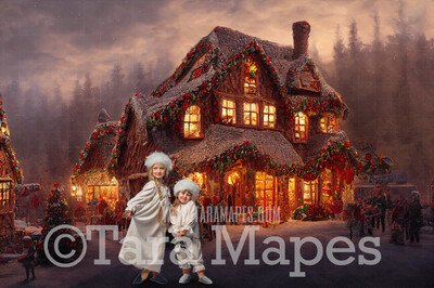 Gingerbread House Digital Backdrop - Christmas Digital Background - FREE SNOW OVERLAY included