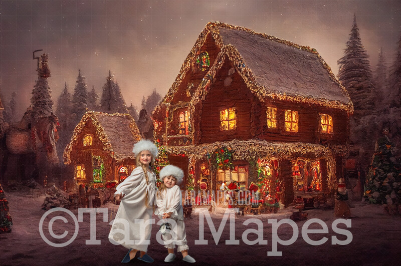 Gingerbread House Digital Backdrop - Christmas Digital Background - FREE SNOW OVERLAY included