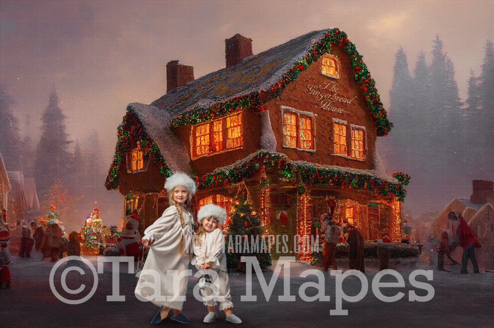 Gingerbread House Digital Backdrop - Christmas Digital Background - FREE SNOW OVERLAY included