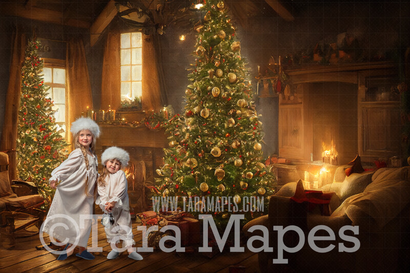 Christmas Room Digital Backdrop - Cozy Rustic Christmas Living Room with Fireplace and Tree - Holiday Digital Backdrop -  Christmas Victorian Room  - Christmas  Digital Background