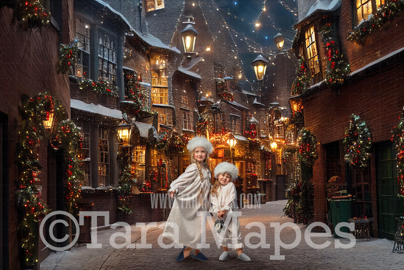 Christmas Town - Or Christmas Wizard Alley Digital Backdrop - Christmas Street of Shops Magical Scene  - Castle Digital Background