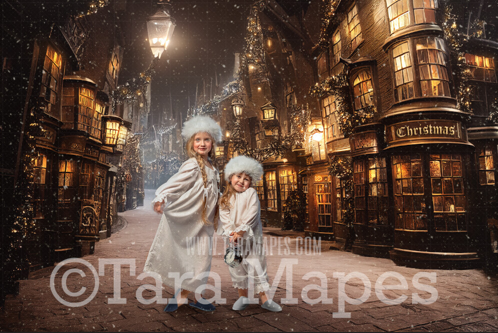 Christmas Town - Christmas Wizard Alley Digital Backdrop - Christmas Street of Shops Magical Scene - Castle Digital Background