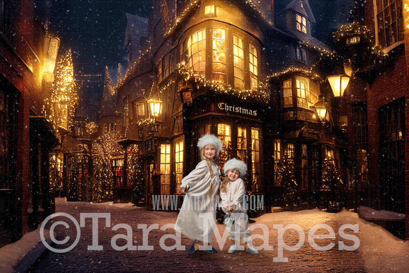 Christmas Town -  Christmas Wizard Alley Digital Backdrop - Christmas Street of Shops Magical Scene  - Castle Digital Background