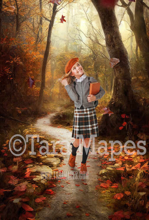 Fall Path Digital Backdrop -  Autumn Path in Woods Digital Backdrop - Fall Autumn Digital Background - Free Leaves PNG included