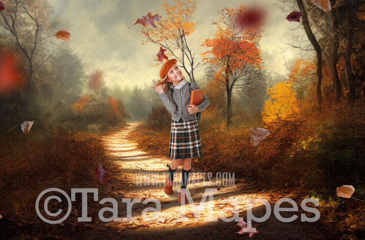 Fall Path Digital Backdrop -  Autumn Path in Woods Digital Backdrop - Fall Autumn Digital Background - Free Leaves PNG included