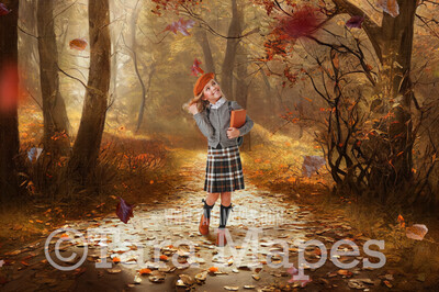 Fall Path Digital Backdrop -  Autumn Path in Woods Digital Backdrop - Fall Autumn Digital Background - Free Leaves PNG included