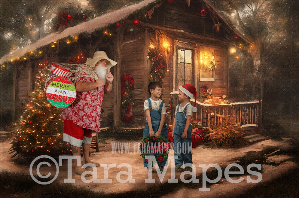 Beach Santa Digital Backdrop - Cajun Santa Christmas Shack -Summer Christmas Santa Digital Backdrop  - Christmas Digital Background