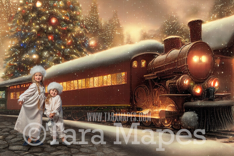Christmas Train Digital Backdrop - Vintage Train Station- Holiday Express Train Christmas Train Digital Background- FREE SNOW OVERLAY included