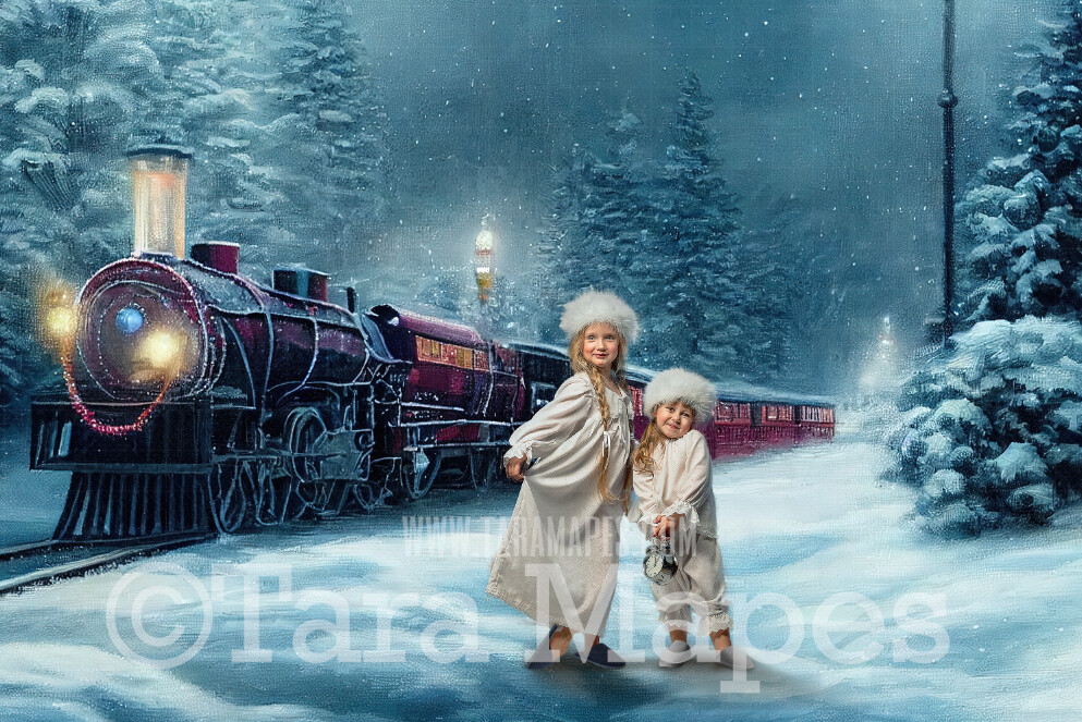 Christmas Train Digital Backdrop - Vintage Train Station- Holiday Express Train Christmas Train Digital Background- FREE SNOW OVERLAY included