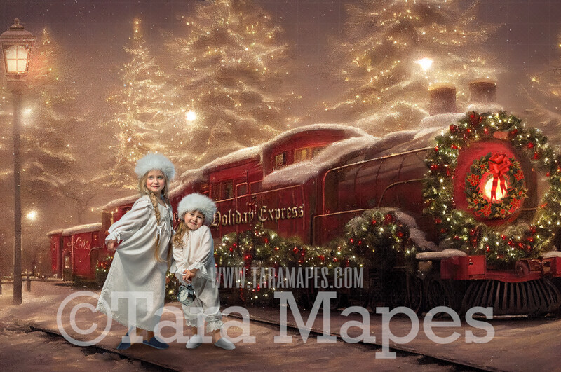 Christmas Train Digital Backdrop - Vintage Train Station- Holiday Express Train  Christmas Train Digital Background- FREE SNOW OVERLAY included