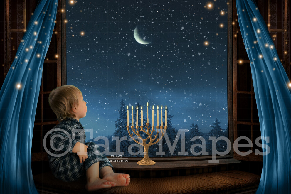 Hanukkah Menorah Digital Backdrop - 9 Candle Menorah in Window  - Jewish Chanukah Background - Holiday Digital Background Backdrop
