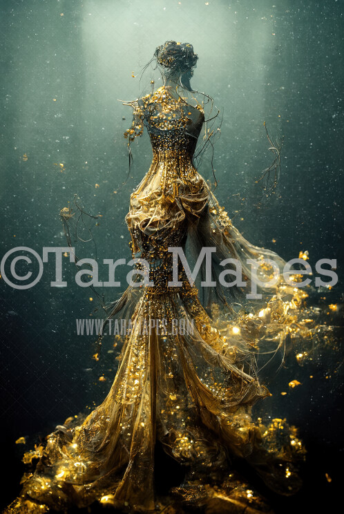 Gold Mermaid Gown Digital Backdrop - Ornate Gold Flowing Digital Gown - JPG File Digital Background