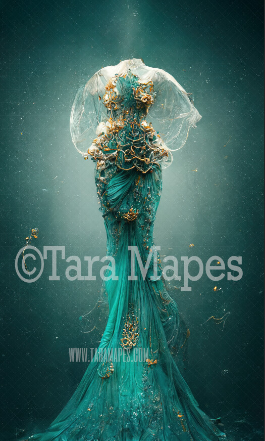 Aqua Mermaid Gown Digital Backdrop - Ornate Aqua and Gold Flowing Digital Gown - JPG File Digital Background