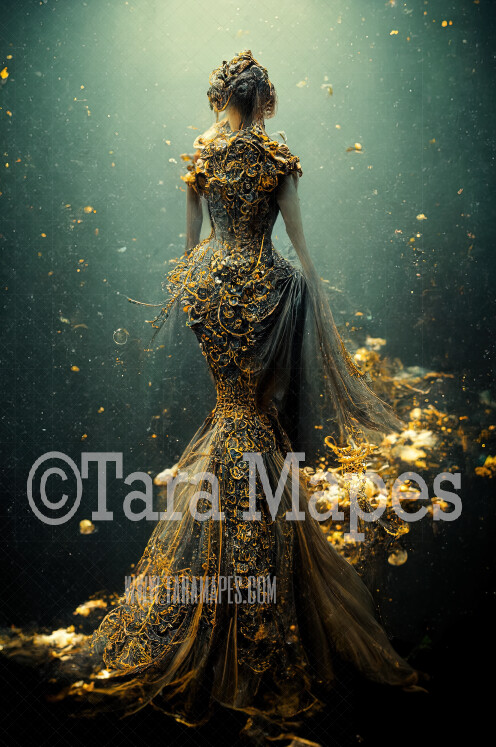 Gold Mermaid Gown Digital Backdrop - Ornate Gold Flowing Digital Gown - JPG File Digital Background