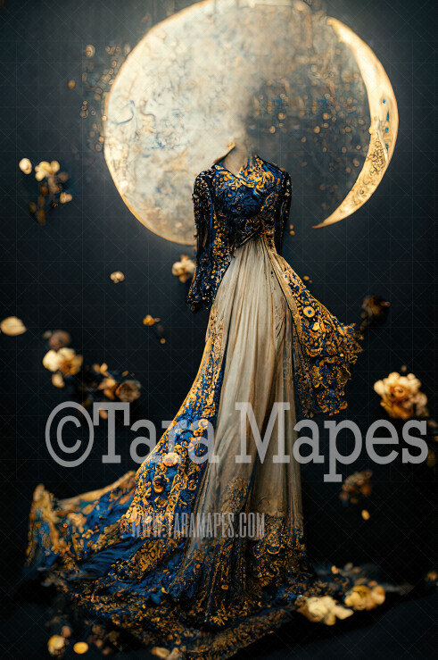 Moon Goddess Gown Digital Backdrop - Ornate Blue and Gold Digital Gown - Gown JPG File Digital Background