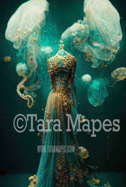 Aqua Mermaid Gown Digital Backdrop - Ornate Aqua and Gold Flowing Digital Gown - Gown JPG File Digital Background