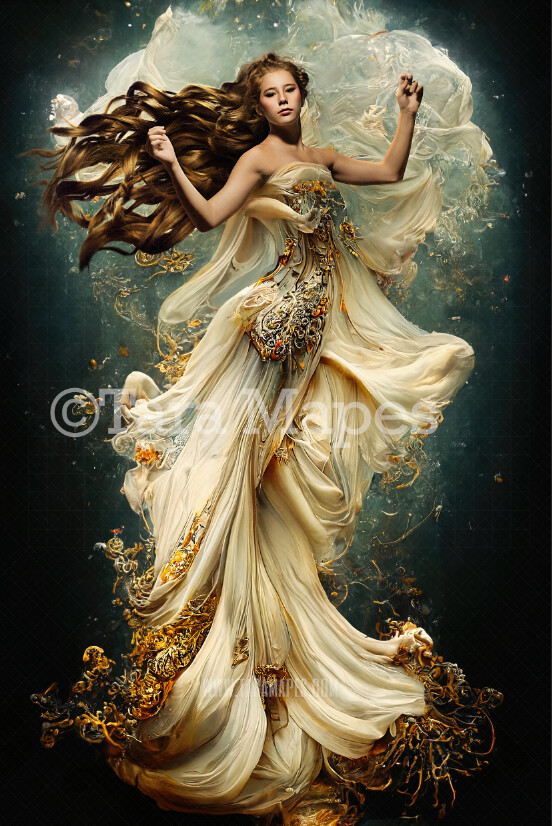 Ivory and Gold Mermaid Gown Digital Backdrop - Ornate Ivory White Flowing Digital Gown - Gown JPG File Digital Background