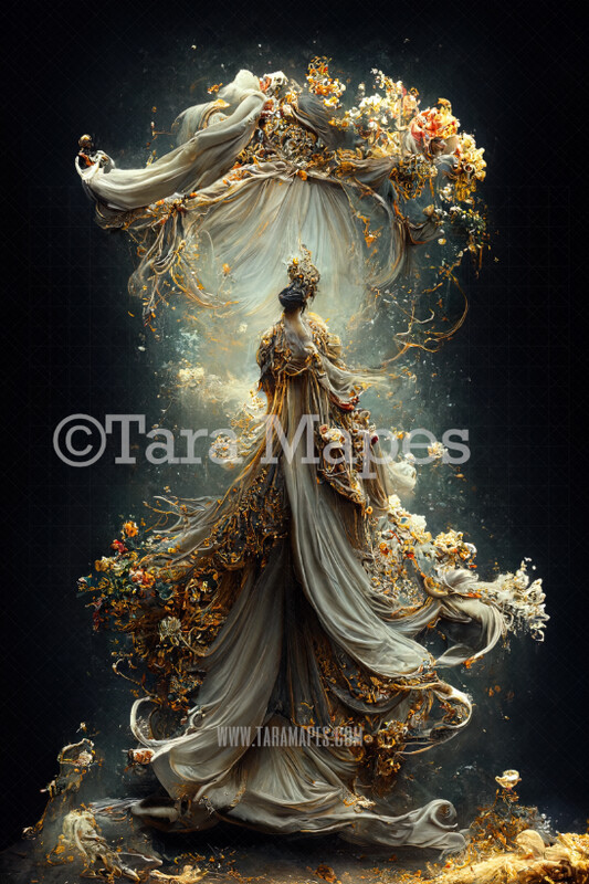 Ivory and Gold Mermaid Gown Digital Backdrop - Ornate Ivory White Flowing Digital Gown - Gown JPG File Digital Background