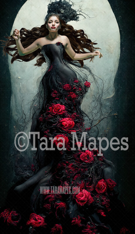 Black and Red Roses Mermaid Gown Digital Backdrop - Ornate Black and Red Flowing Digital Gown - Gown JPG File Digital Background