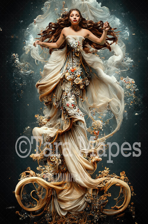 Ivory and Gold Mermaid Gown Digital Backdrop - Ornate Ivory White Flowing Digital Gown - Gown JPG File Digital Background