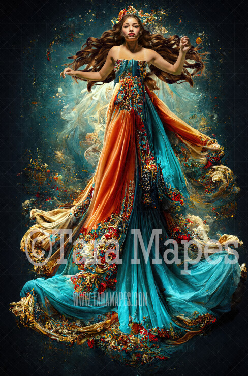Red Turquoise and Gold Mermaid Gown Digital Backdrop - Ornate Red Aqua and Gold Flowing Digital Gown - Gown JPG File Digital Background