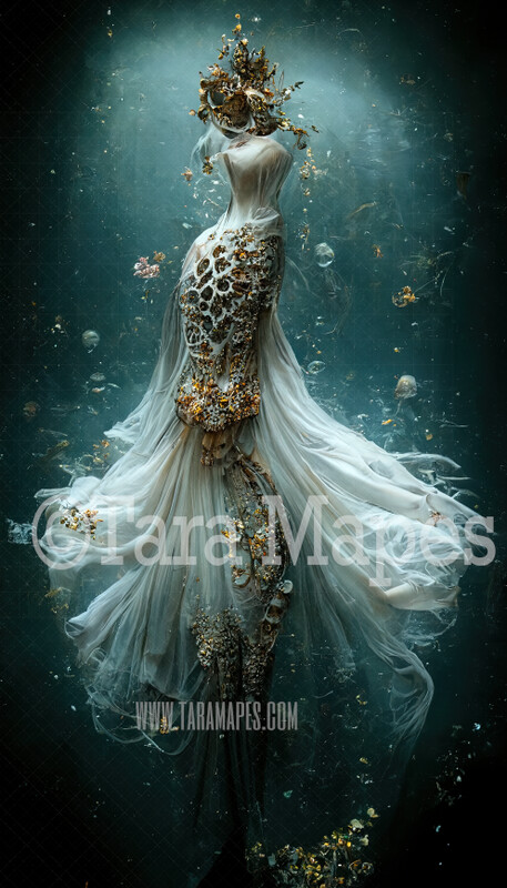 Ivory Mermaid Gown Digital Backdrop - Ornate Mermaid Gown with Scales Tentacles and Jelly Fish - Flowing Digital Gown - Gown JPG File Digital Background
