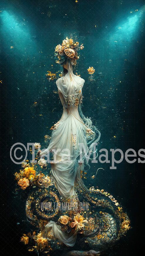 Ivory Mermaid Gown Digital Backdrop - Ornate Octopus Mermaid Gown with Scales Tentacles and Jelly Fish - Flowing Digital Gown - Gown JPG File Digital Background