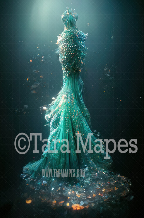 Aqua Mermaid Gown Digital Backdrop - Ornate Aqua and Gold Flowing Digital Gown - JPG File Digital Background