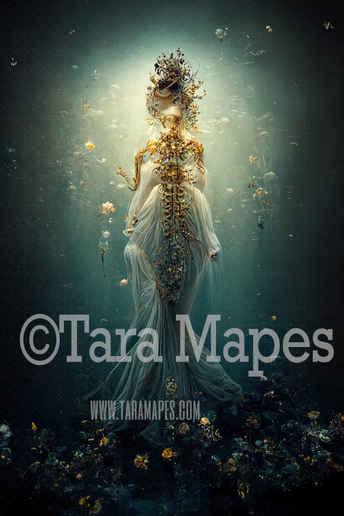 Skeleton Mermaid Gown Digital Backdrop - Ornate Gold and Ivory Glowing Mermaid Digital Gown with Jellyfish -  JPG File Digital Background