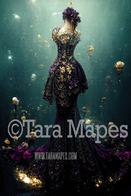 Black Plum and Gold Mermaid Gown Digital Backdrop - Ornate Mermaid Mermaid Digital Gown with Jellyfish -  JPG File Digital Background