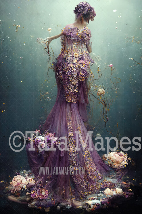 Violet Jellyfish Mermaid Gown Digital Backdrop - Ornate Mermaid Octopus Digital Gown -  JPG File Digital Background
