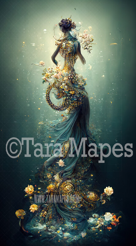 Aqua and Gold Mermaid Gown Digital Backdrop - Ornate Octopus Mermaid Gown with Scales Tentacles and Jelly Fish - Flowing Digital Gown - Gown JPG File Digital Background