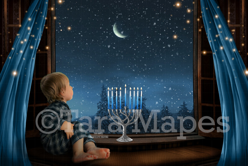 Hanukkah Menorah Digital Backdrop - Blue 9 Candle Menorah in Window - Jewish Chanukah Background - Holiday Digital Background Backdrop